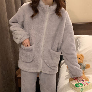 Womens Coral Fleece Pajamas Winter Thickened High Collar Long Sleeve Sleepwear Set with Zipper Sweet Style Home Clothes