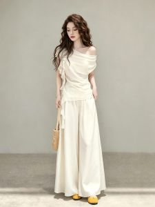 Relaxed Style Summer Clothing Set Youthful White Off-Shoulder Top and Wide Leg Pants