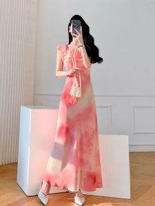 Summer 2025 Slimming French Design Long Dress Womens Elegant Goddess Style A-Line Skirt Short Sleeve Print Zipper Closure