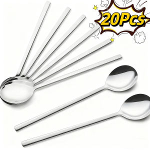 20Pcs Korean Long Handle Spoon Fork Stainless Steel Cutlery Tea Coffee Rice Scoops Dumpling Porridge Soup Spoon Restaurant Kitchen Tableware