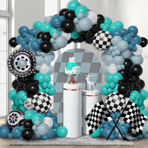117-Piece Racing-Themed Balloon Garland Arch Kit Ocean Blue and Black Latex Balloons Black and White Checkered Foil Balloons Large Tire Foil Balloons Birthday Party Decorations