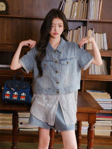 MIUCO | Bộ Quần Áo Jeans Độc Đáo Kết Hợp Ren Áo Tay Ngắn Quần Short Rộng