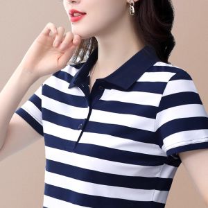 Áo thun polo nữ HUAXUNRAN tay ngắn kẻ sọc bằng chất liệu cotton nguyên chất