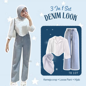Naramode - OOTD Denim Look Kekinian 3 In 1 Oneset (Kemeja Katun Crop + Loose Pant + Hijab Bella Square) Outfit Hijab Wanita Simple TB 107
