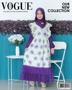 Gamis anak Branded Lebaran Syahira Labella Ungu Set Kerudung Umur 5 - 11 Tahun