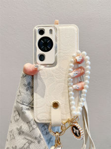 Luxurious Crossbody Huawei P60 pro Phone Case Pearl Tea Rose Design Elegant Style Protective Cover for Women Artistic Beauty