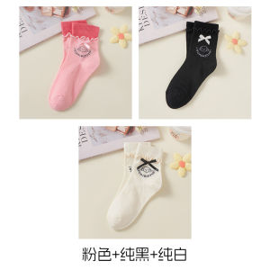 Cute Cartoon Doggie Socks Womens Summer Thin Mid-Calf Butterfly Knot Cotton Lace Trimmed Pink Dopaamine Socks Breathable