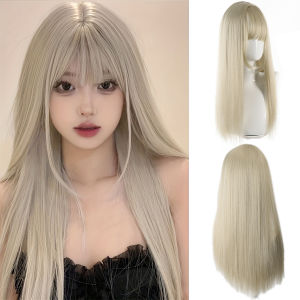 ตรงชั้นสีขาวทองวิกผม Neat Bangs ความหนาแน่นสูงสังเคราะห์ธรรมชาติวิกผมปลอมสําหรับผู้หญิง Daily COSPLAY PARTY Wigs