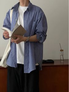 Dark Blue Stripes Shirt Mens Japanese-Style Retro Loose Early Spring Outwear Fancy Teenagers Handsome Long Sleeves Shirt