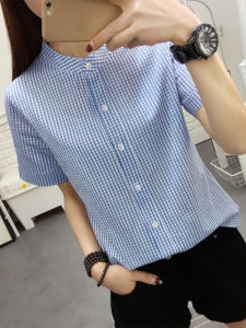 Plaid Shirt Women Short Sleeve Loose Slimming Summer New Stand Collar French Style Top Korean Version Cotton Blend Thin