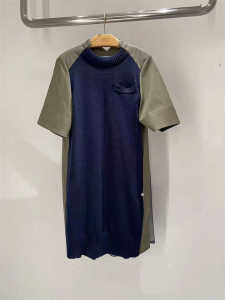 FOG SACAI Summer 2024 round Neck Splice Knitted Dress Womens Straight Tube Dress Cotton 80% Polyester 20% Five Sleeve Dress