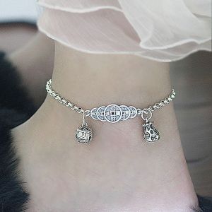 S925 Retro Five Emperors Coin Sterling Silver Anklet Bell Money Bag Pendant Womens Bring In Wealth and Treasure Safe Stylish Trendy Birthday Gift