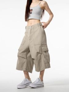 American vintage Curved Knife Wide-Leg Cropped Pants Men and Women Summer Street Fashion Brand Loose Casual Large Pocket Overalls