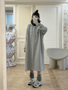 Fleece-lined Mid Length Long Length Sweater Dress Womens Winter 2023 Loose Back Slit Pocket Print Hoodie with Drawstrings Dress