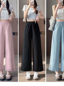 Ice Silk Wide Leg Pants Womens Summer Design Sensible Small Crowd High Waist Nine Points Loose Lace Casual Straight Leg Pants