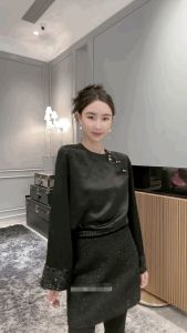 New Chinese Style Acetate Chiffon T-Shirt Womens Shirt Vintage Glitter Patchwork Bell Sleeve Elegance Top Ladies Fashion