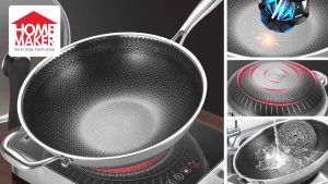 34cm High-end 7-ply clad 18/10 Surgical Stainless Steel Nonstick Full Honey Comb structure Plated Stir-Fry Pan Scratch-Resistant Wok with Glass Lid