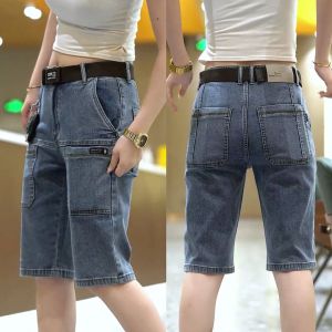 Mens Fashionable Loose Fit Denim Shorts Youthful Casual Workwear Seven-Foot High Elasticity Multi-Pocket Straight Leg Jeans
