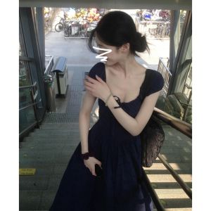 PEIZIXUAN | Đầm Siết Eo Tay Bồng Màu Xanh