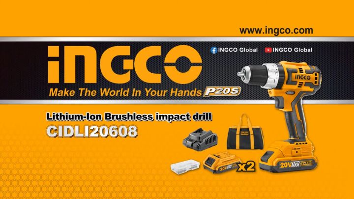 Máy khoan búa dùng pin không chổi than INGCO 20V hai tốc độ kèm pin sạc và phụ kiện máy khoan pin cầm tay điều chỉnh 2 tốc độ - khoan búa