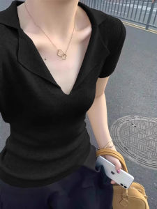SHUQINGLAI | Silk-Knit Polo Style V-Neck Trim-Fit T-Shirt