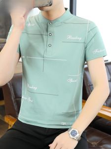 HENGYUANXIANG | Pure Cotton Short Sleeve Polo Shirt Mens Summer Half Sleeve Stand Collar Printed Casual High End Top Breathable Fashion Urban Style