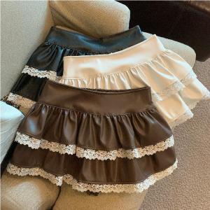 Korean Style High Waist PU Leather Short Skirt Womens Autumn Winter Versatile Lace Trim A-Line Mini Skirt Baking Cake Skirt