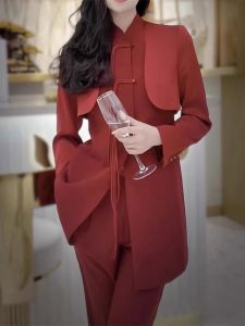 Red Chinese Style Set New Fashion Design Button Suit Pants Two Piece Spring Autumn High Quality Womens Clothing