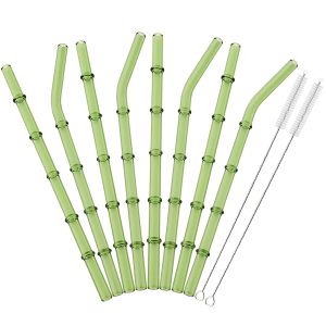 4/6/8pcs Green Bamboo-shaped Straws Set Reusable Glass Straw with Brush Suitable for Milkshakes Juices Coffee Bar Accessories