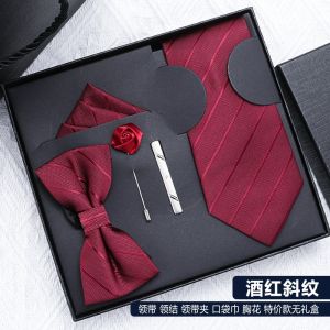 Red Wine Color Tie Set for Men Wedding Groom Tie Clip Square Scarf Valentines Day Birthday High End Gift Business Style