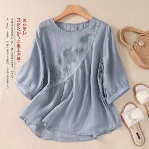 LUCKIN STORE Womens Shirt T-Shirt Solid Color Artistic Retro Embroidery Cotton Linen Blouse Loose Round Neck Pullover Top 2025 Summer New
