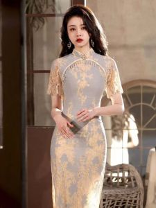Retro Style Long Lace Young Womens Dress Daily Wear Spring New Lady Cheongsam High Slit Short Sleeve Floral Patterned Dress