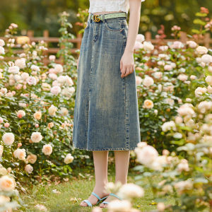 Retro Washed High-waisted Slit Denim Skirt Summer