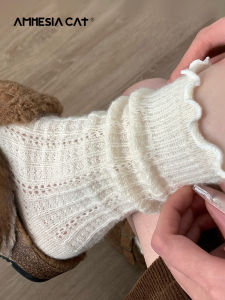 Womens Mid-Calf Lace Socks Autumn Winter White Edged Fluffy Socks Matching with Small Leather Shoes Thick Warm Pure Color