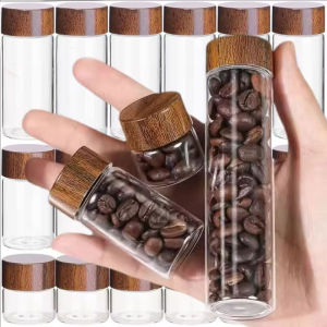 10/20/30ml Mini Glass Bottles Portable Tea Coffee Beans Storage Container Tube Wood Lid Sealed Canister Small Spice Jars