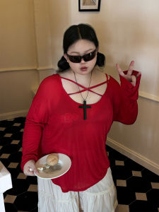 Áo Thun Dài Tay Màu Đỏ Rộng Rãi Onism plus Cho Nữ Mùa Hè Chống Nắng Mỏng Màu Trơn Cổ Tròn Tay Thường Dáng Rộng