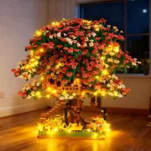 Mini Sakura Tree House Building Blocks With Lights Peach Flower Assembly City Street View Bricks Kids Toys Girls Christmas Gifts