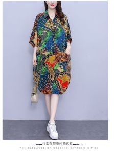 Plus Size Womens Clothing Summer New Arrival Chubby Girl Cardigan Middle-Aged Ladieswear Casual Loose Polo Collar Shirt Mid Length Long Length Dress