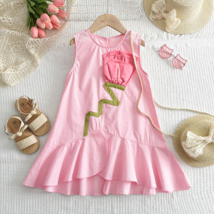 Girls Summer Fashion Korean Version Clothes Sweet Flower Decoration Sleeveless Princess Dress 1 Pc 3-7 Years Kids Casual Wear