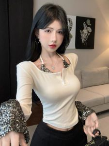 GUZILIAN | Áo thun nữ mùa thu màu trơn dài tay cổ chữ V dáng ôm hở vai thời trang thường ngày chất liệu cotton pha lê