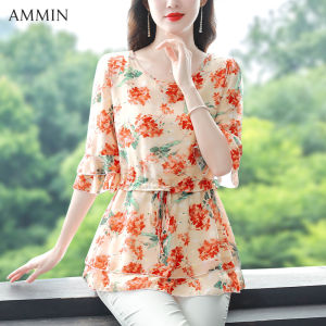 AMMIN Korean womens short-sleeved fashion temperament in the long paragraph loose large yards broken chiffon Blouse summer new Slim Slim thin waist skirt hem printed chiffon tops tide
