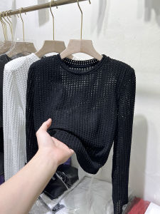 Ice Silk Long Sleeve T-Shirt Womens Hollow out Thin Mesh Shirt Short Style Top for Autumn 2025 New Arrival Black Color