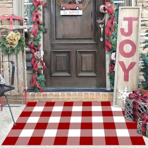 VIKAMA Christmas Checkered Outdoor Carpet Washable And Anti-Slip Front Porch Carpet Welcome Mat Festive Home Decoration