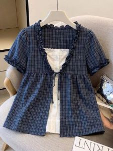 XIBAIYI | Áo Sơ Mi Ngắn Tay V-neck Caro Phù Hợp Với Người Béo