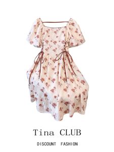 Tina Club Plus Size Womens Clothing 2024 Summer New Arrival Plus Size Ladies Tight Waist Slim Looking French Square Collar Floral Dress