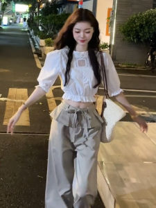 SENWA | Bộ Áo Blouse và Quần Palazzo Viền Ren Trắng Phong Cách Hàn Quốc