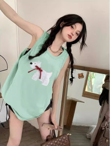 Pure Cotton Sleeveless Tank Top Womens Summer Outerwear Loose Lazy Style Hanging Neck Top Animal Print Versatile Thin Body