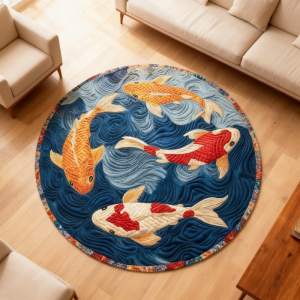 VIKAMA Koi Fish Lotus Round Rug Non‑Slip Irregular Shape Floor Mat For Balcony Living Room Entryway Home Decor
