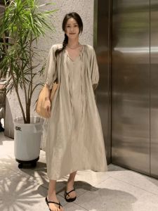 South Korea Dongdaemun Summer New Arrival Gilding Skirt Meat Hiding Elegant French Design Shoelace Fancy Loose Dress