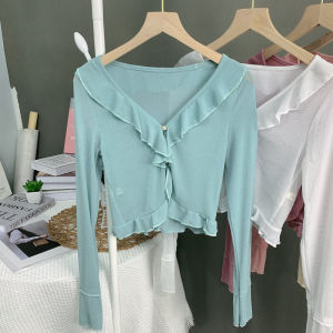 Elegant Silver Thread Wood Grain Edge Womens Summer Lightweight Cardigan Sun Protection Outerwear Fashionable Shoulder Pad Top